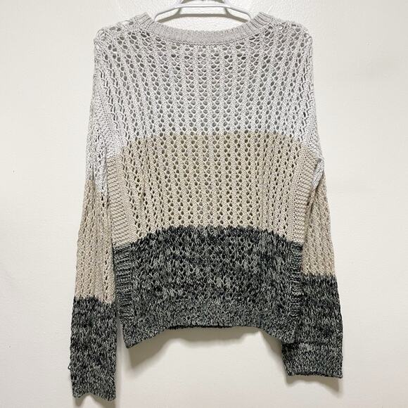 One Grey Day Tan Gray Stripped Bell Sleeve Knitted Sweater - Picture 5 of 9